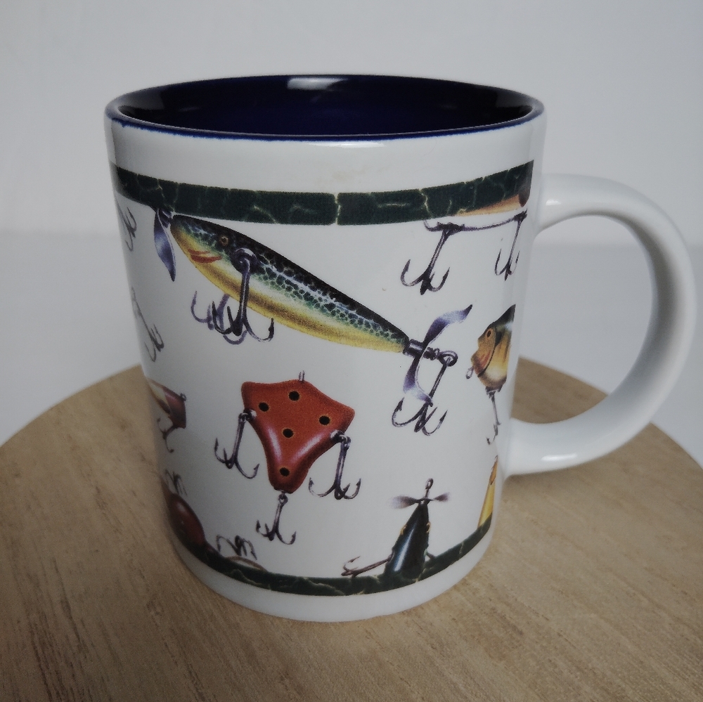 Vintage John Wright Fishing Lure Design Coffee Mug Midnight Blue Inside REP